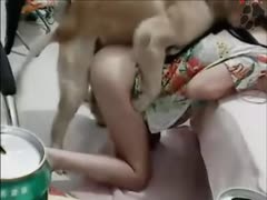 Good dog slut licking teen pussy and fucking her